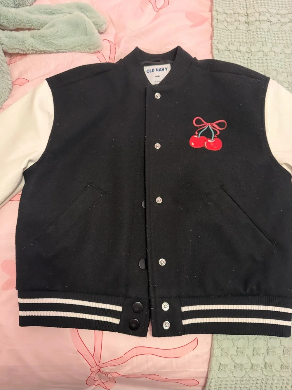 Old Navy Black & White Cherry Letterman Jacket